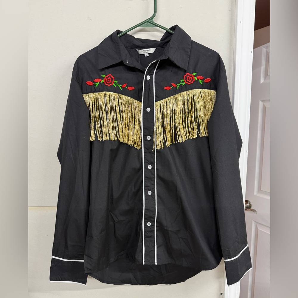 Black Western Shirt with Gold Fringe